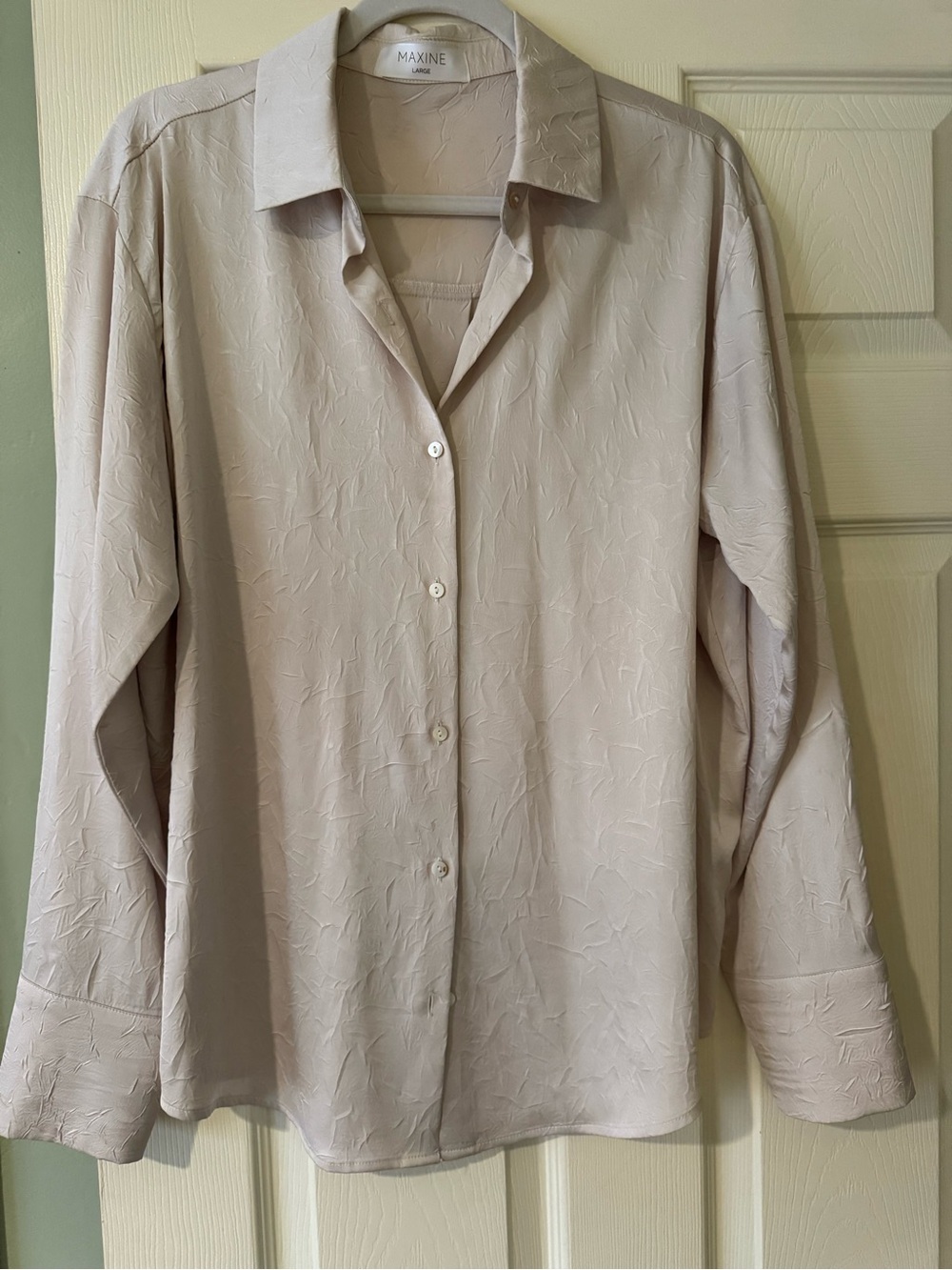 MAXINE Crinkle Textured Short Sleeve Collared Button Up Blouse Cream Size L